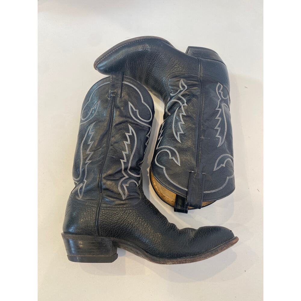 Tony Lama Black w/ White Stitched Cowboy Boots EUC Sz 9 Men’s Leather - Picture 1 of 13